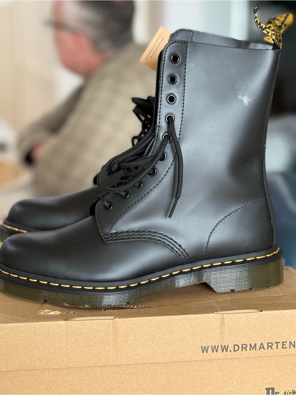 NWT - Dr. Martens Black 8-Eye Lace-Up Combat Boots with Yellow Stitching size 10